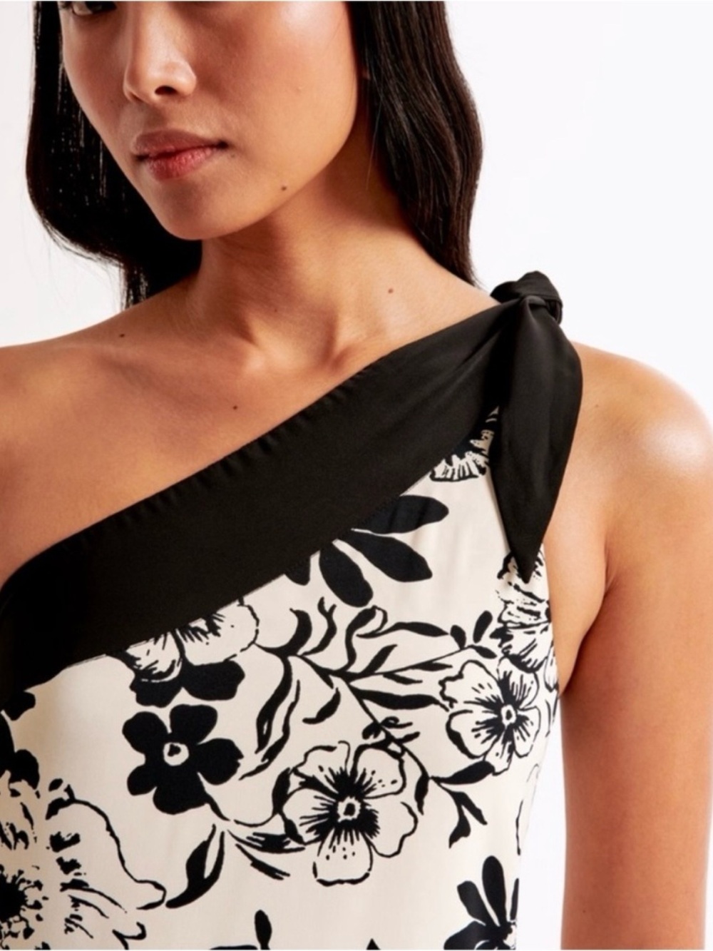 Abercrombie & Fitch One Shoulder Satin Midi Dress Sz XS Black Cream Floral NWOT - Picture 6 of 14